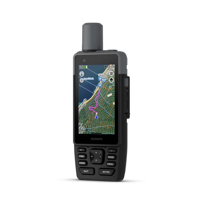 Sort håndholdt Garmin GPS set skråt forfra med et kort og en lilla rute på skærmen